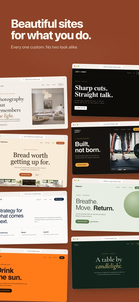 SiteSpin: a gallery of custom sites built for very different businesses — no two alike.