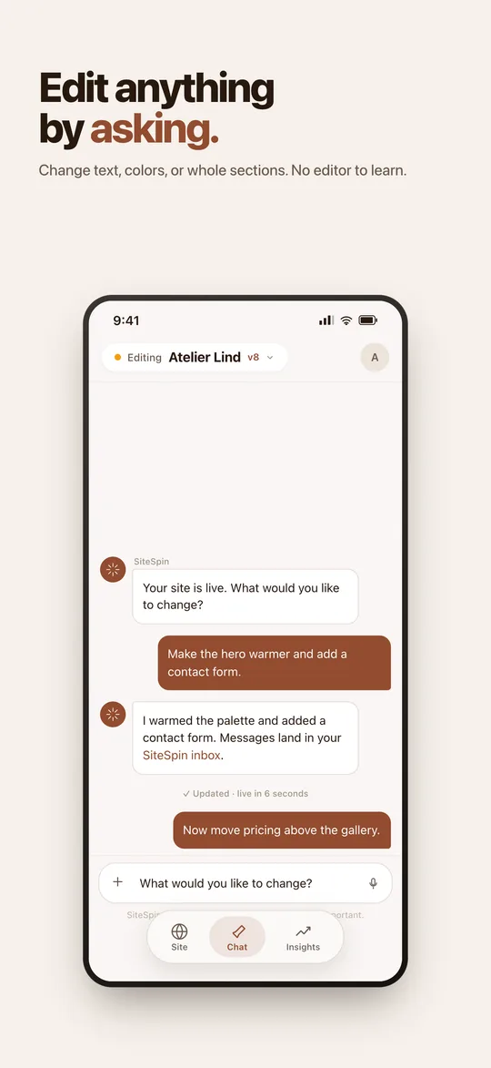 Editing a published site by asking in chat