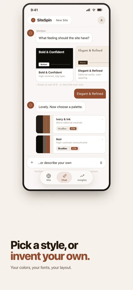 SiteSpin: choosing a visual style and colour palette, or describing your own.