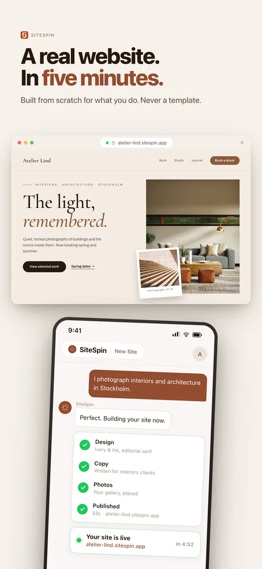 SiteSpin: describing a business in chat while it designs, writes and publishes a real website.